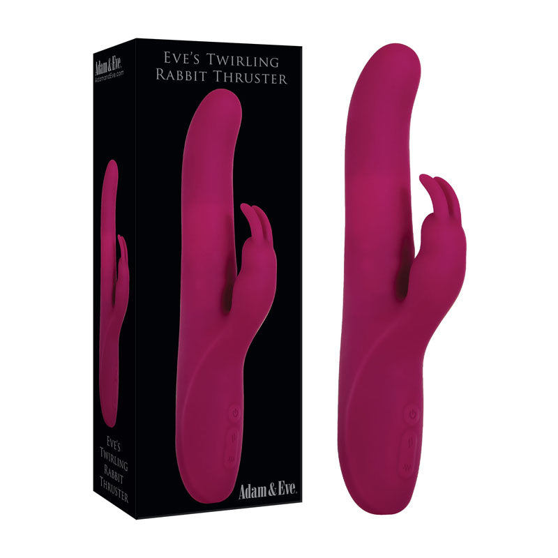 The Adam & Eve Eves Twirling Rabbit Thruster in purple features dual extensions for varied pleasure and vibrant clitoral stimulation. Control buttons are on the handle, accompanied by striking black and purple packaging highlighting this USB rechargeable 24.1 cm thrusting rabbit vibrator.