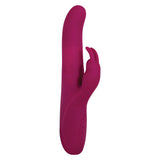 The Adam & Eve Eves Twirling Rabbit Thruster is a purple silicone vibrator with a 24.1 cm curved shaft, rotating beads, and a bunny-ear attachment for clitoral stimulation. It features control buttons on an ergonomic handle and boasts a sleek design against a plain white background. USB rechargeable.