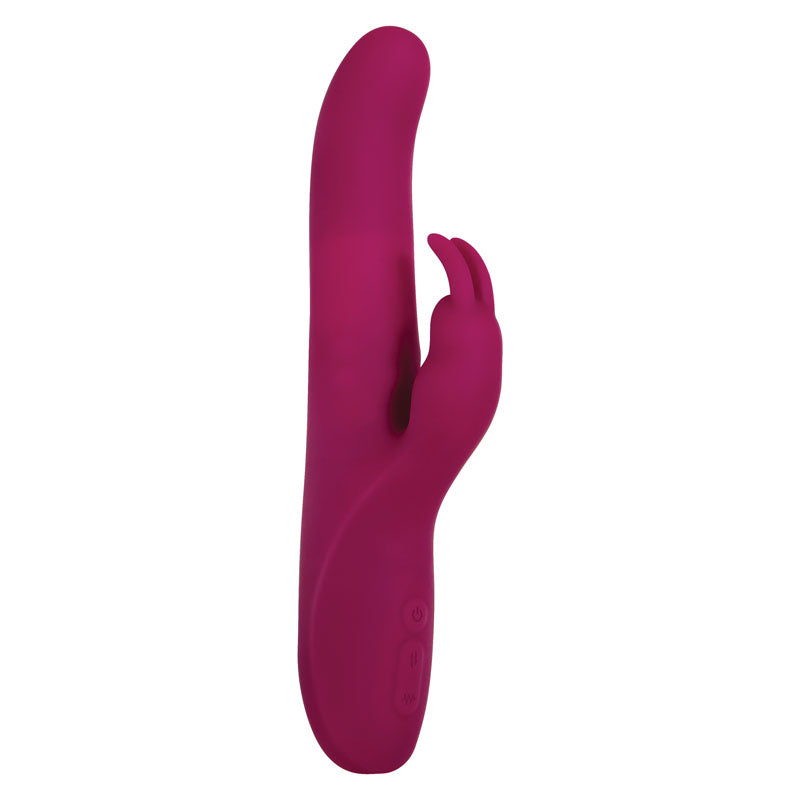 The Adam & Eve Eves Twirling Rabbit Thruster in purple features a smooth, curved design with a main shaft and rabbit-shaped extension for dual clitoral stimulation. Its base has two control buttons, rotating beads for extra pleasure, and seamless silicone material for comfort. USB rechargeable and 24.1 cm long.