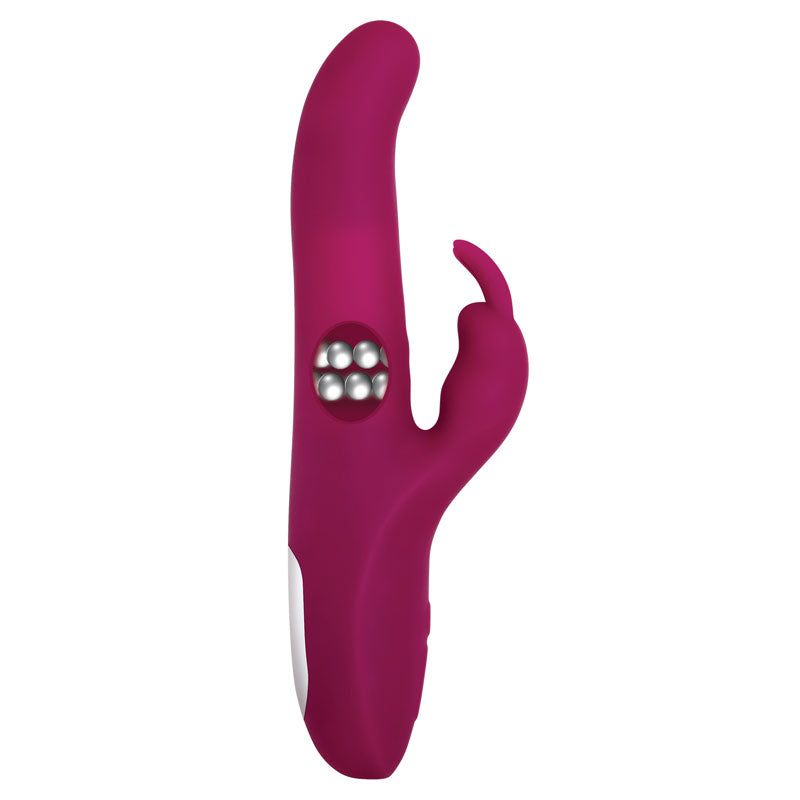 The Adam & Eve Eves Twirling Rabbit Thruster is a purple 24.1 cm USB rechargeable thrusting rabbit vibrator with a main shaft and curved clitoral stimulator for enhanced pleasure, featuring rotating beads and an ergonomic design with a white accent at the bottom.