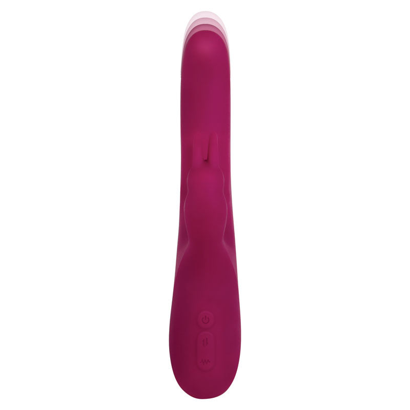 The Adam & Eve Eves Twirling Rabbit Thruster in purple features a curved design with rotating beads. It has a smooth shaft and rabbit-ear sections for enhanced clitoral stimulation, controlled via two buttons at the base. Its made of silicone and is USB rechargeable.