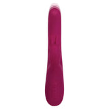 Discover the Adam & Eve Eves Twirling Rabbit Thruster, a 24.1 cm purple silicone vibrator featuring a curved design and dual stimulation. It has two control buttons, one with a power symbol and another with a wave symbol, and boasts an indentation near the top for enhanced clitoral pleasure.