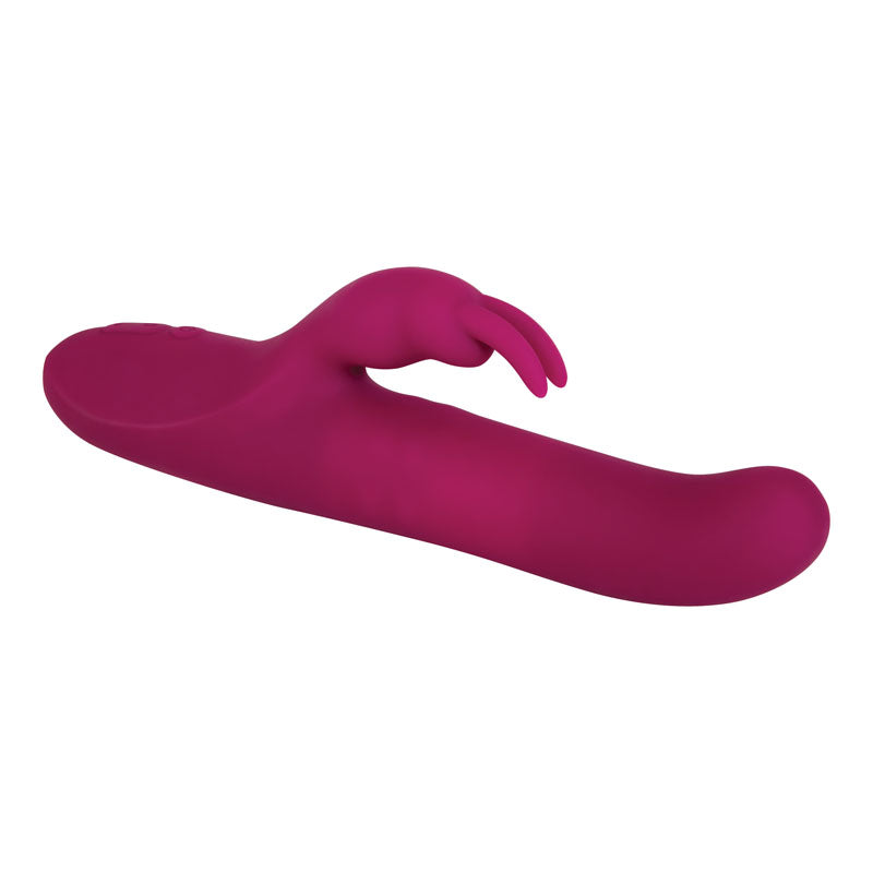 The Adam & Eve Eves Twirling Rabbit Thruster in purple, measuring 24.1 cm, offers dual stimulation with its ergonomic design, featuring a curved body and rabbit ear extension for clitoral pleasure. This USB rechargeable vibrator ensures smooth texture and functionality for enhanced experience.