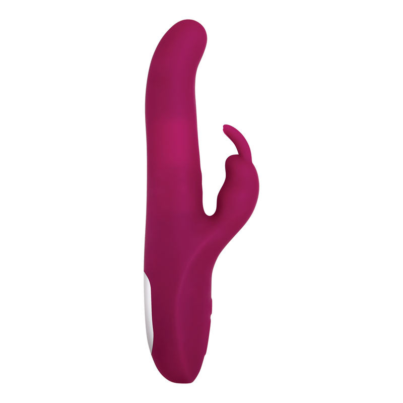 The Adam & Eve Eves Twirling Rabbit Thruster is a 24.1 cm USB rechargeable purple vibrator featuring a silicone finish, curved shaft, and smaller external stimulator for enhanced clitoral stimulation. Its smooth texture and rotating beads deliver dual internal and external pleasure.