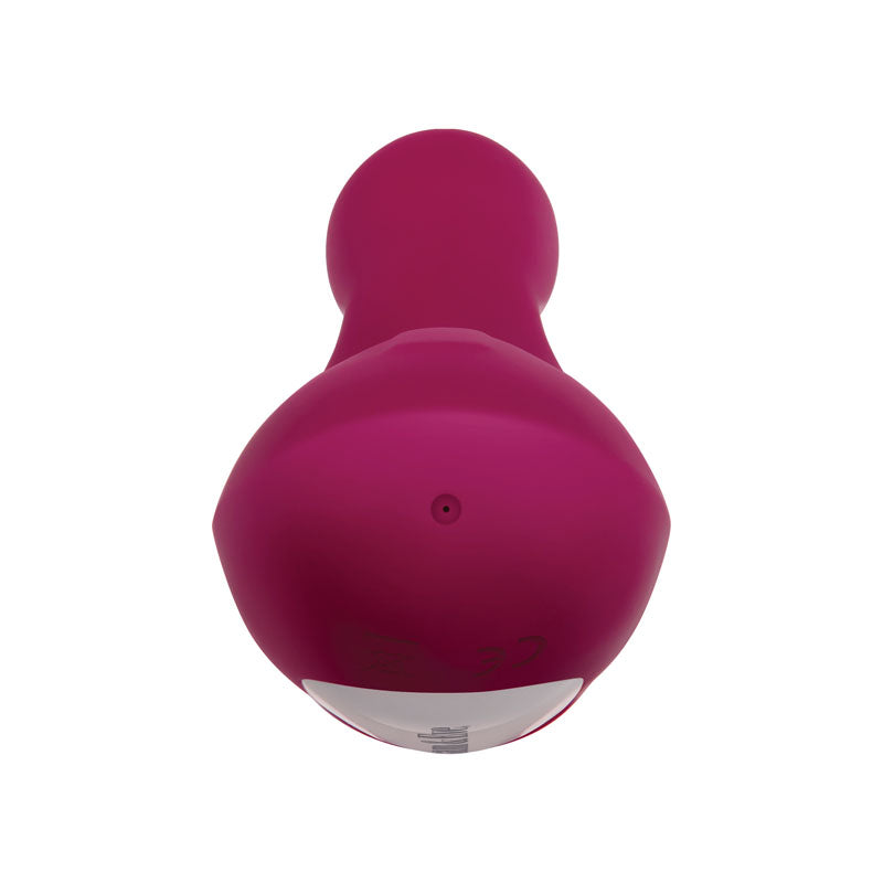 A purple, round-shaped vibrator named Adam & Eve Eves Twirling Rabbit Thruster features a smooth, matte finish. It is bulbous on one end, narrowing toward the other with a small circular opening for clitoral stimulation, adorned with a subtle brand logo.