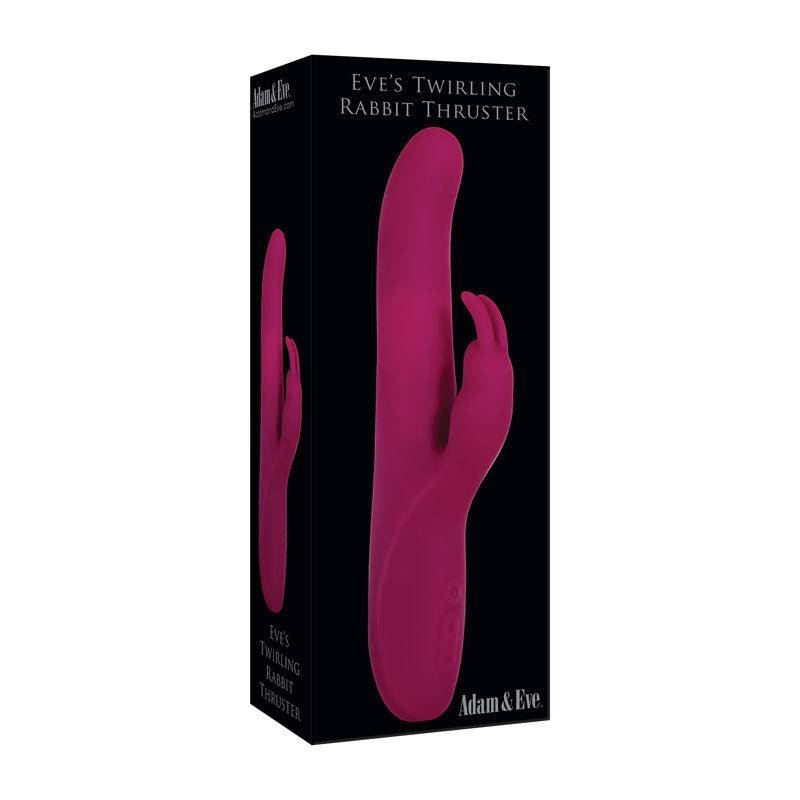 The sleek black box for Adam & Eves Eves Twirling Rabbit Thruster displays a vibrant purple rabbit vibrator. Featuring rotating beads and a rabbit-shaped clitoral stimulator, the product name is on top, and the brand name at the bottom.