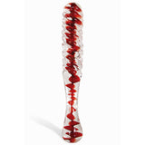 The Adam & Eve Sweetheart Swirl Glass Dildo features a clear, handcrafted design with red swirls and a twisted spiral. Made of durable borosilicate glass with a cylindrical shape and rounded end, it’s perfect for temperature play. Set against a plain white background.