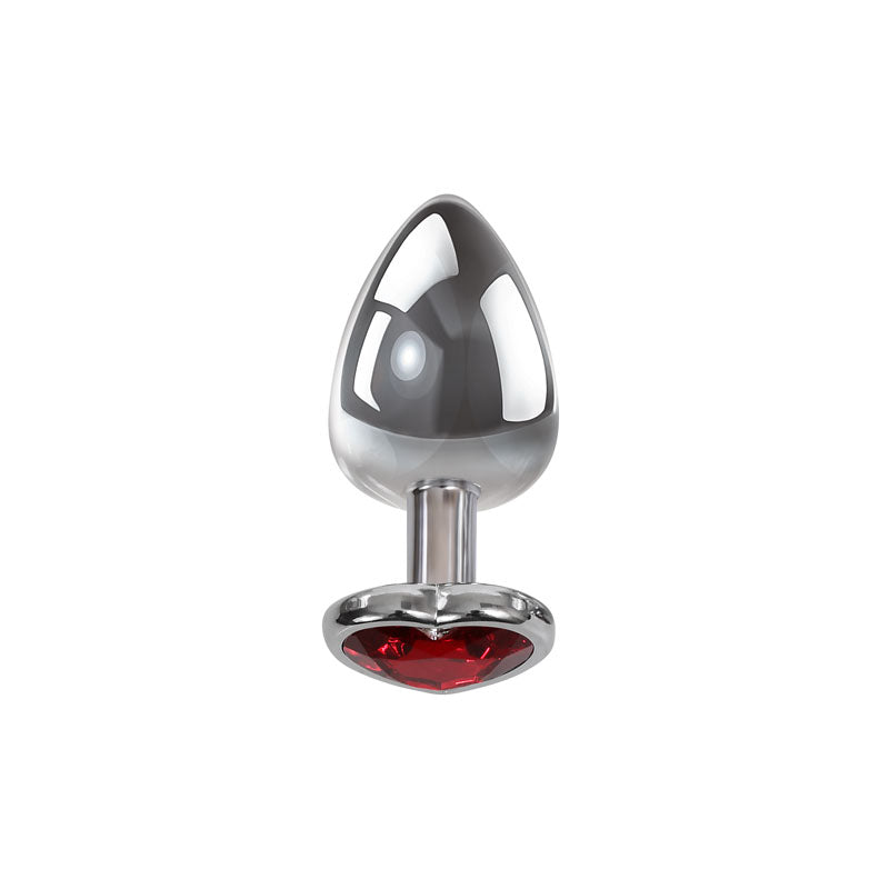 The Adam & Eve Red Heart Gen Anal Plug - Small offers a sophisticated design with a metallic, teardrop shape and features a red heart gem at its base, providing striking contrast and sparkle. Its smooth, reflective finish adds elegance to its 7.1 cm length.