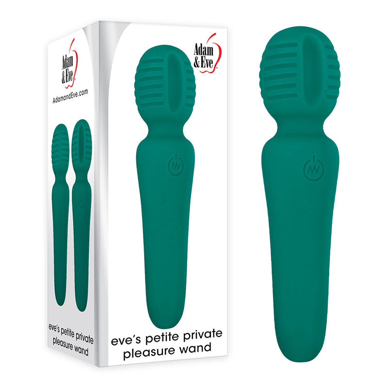 The image shows a green Adam & Eve Petite Private Pleasure Wand measuring 14.8 cm next to its white packaging, which showcases the wands clit-pleasing rounded head and textured grooves for powerful vibrations, offering an elevated experience.