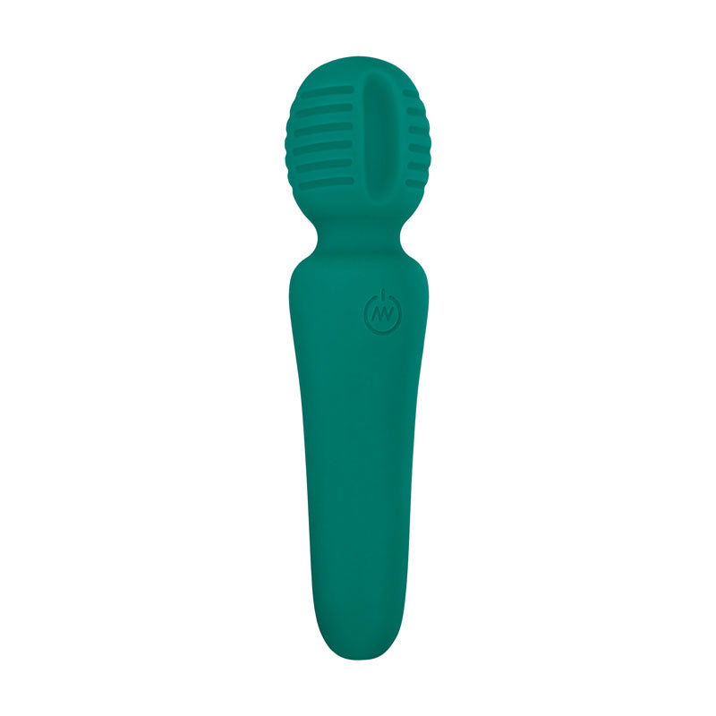 The Adam & Eve Petite Private Pleasure Wand is a 14.8 cm teal massager with a ribbed, rounded head and smooth handle. Its ergonomic design provides clit-pleasing sensations, enhanced by a sleek look with a W logo on the handle. USB rechargeable for convenience.