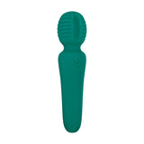 The Adam & Eve Petite Private Pleasure Wand is a 14.8 cm teal massager with a ribbed, rounded head and smooth handle. Its ergonomic design provides clit-pleasing sensations, enhanced by a sleek look with a W logo on the handle. USB rechargeable for convenience.