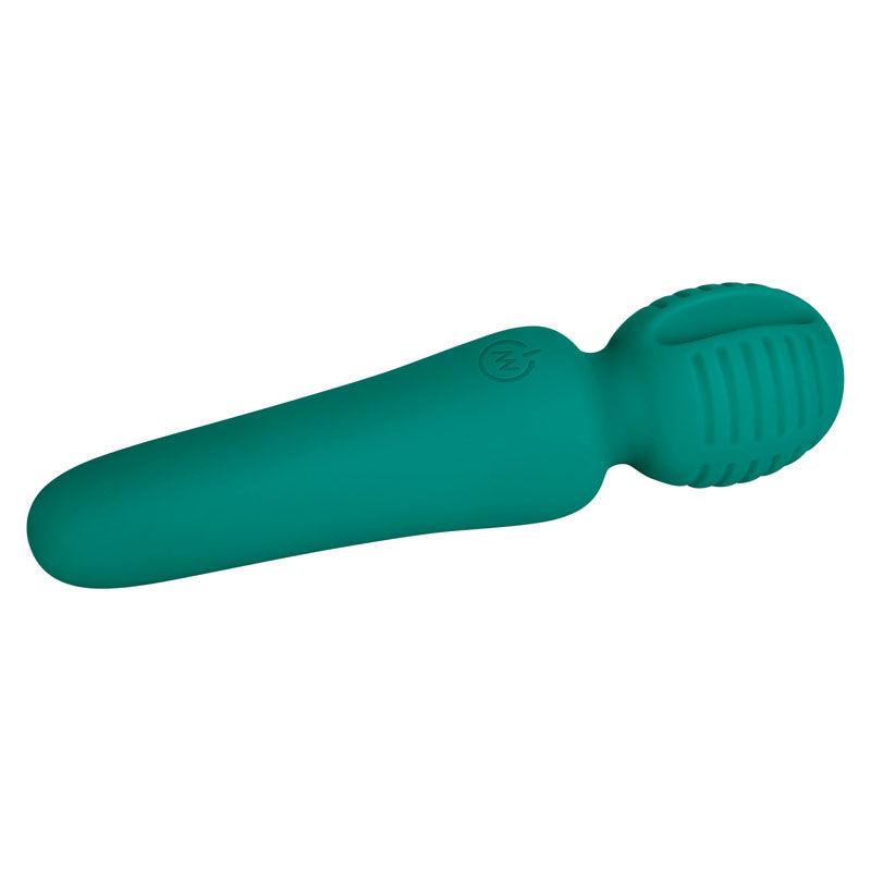 The Adam & Eve Petite Private Pleasure Wand in teal features a smooth handle, textured rounded head with raised lines, and a subtle logo near the base. This ergonomic 14.8 cm USB rechargeable massager offers modern design and powerful vibrations for ultimate clitoral satisfaction.