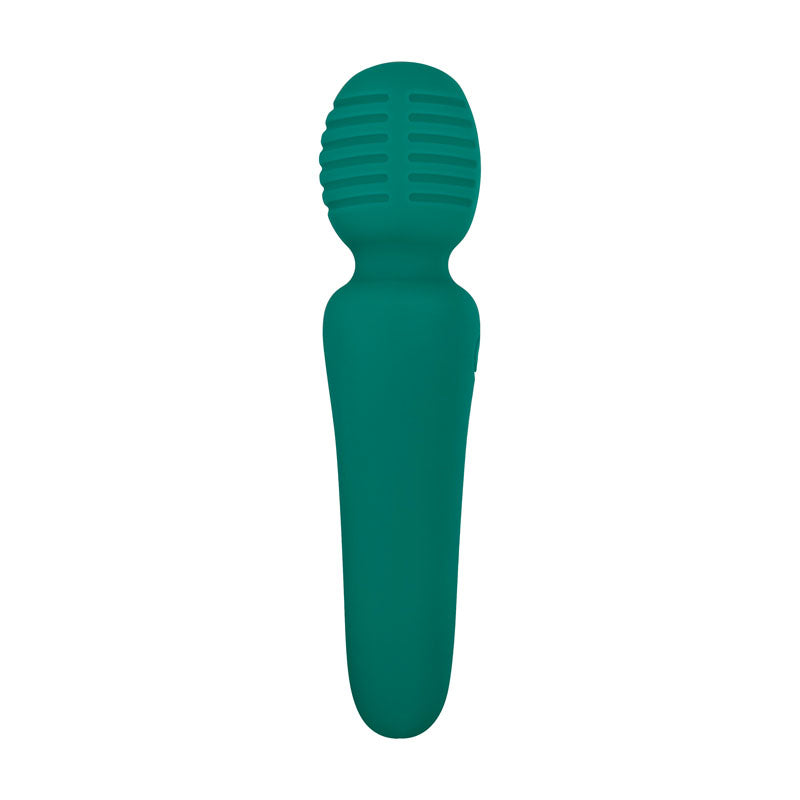 The Adam & Eve Petite Private Pleasure Wand in green is a USB rechargeable, 14.8 cm silicone wand massager. It features a ribbed, rounded head and smooth handle, with an ergonomic design. Despite its minimalist style, it provides powerful clit-pleasing vibrations without visible buttons or attachments.