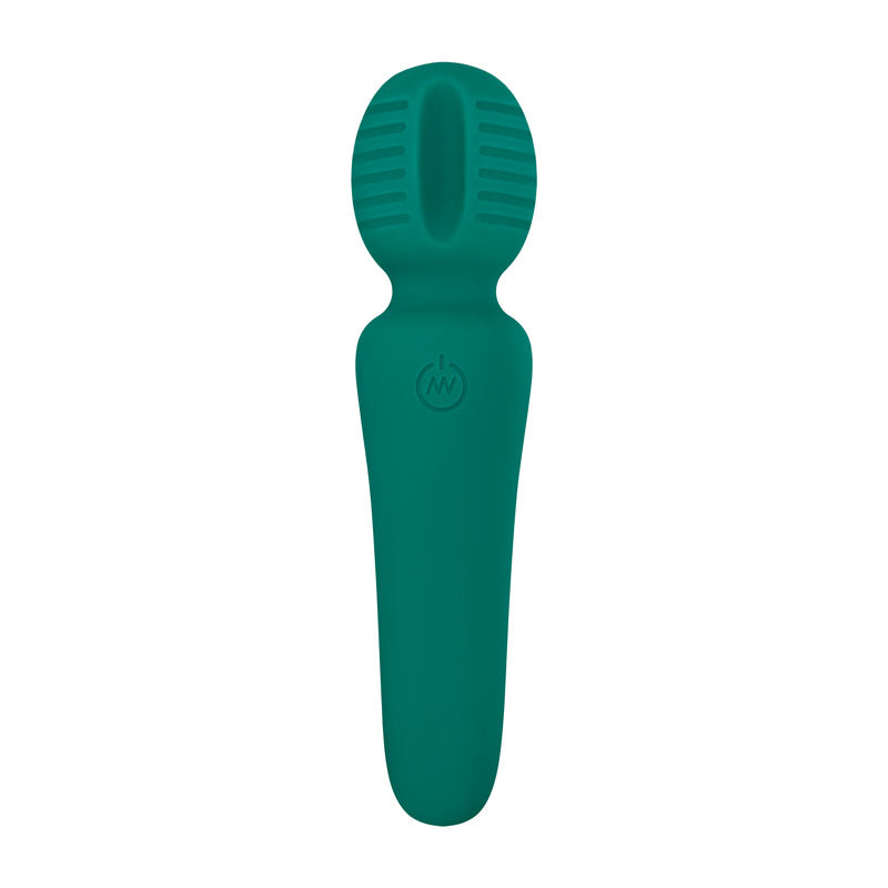 The Adam & Eve Petite Private Pleasure Wand in green features a textured silicone oval head with grooves and an indentation. It delivers powerful vibrations via a power button on its ergonomic handle, ensuring optimal clitoral pleasure. USB rechargeable, this 14.8 cm mini wand offers minimalist design excellence.