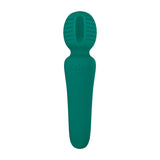 The Adam & Eve Petite Private Pleasure Wand in green features a textured silicone oval head with grooves and an indentation. It delivers powerful vibrations via a power button on its ergonomic handle, ensuring optimal clitoral pleasure. USB rechargeable, this 14.8 cm mini wand offers minimalist design excellence.