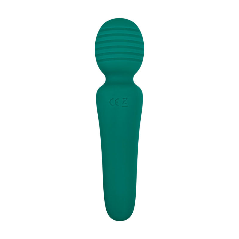 The Adam & Eve Petite Private Pleasure Wand is a green, 14.8 cm USB rechargeable handheld massager featuring a ribbed, rounded head and smooth ergonomic handle. It offers powerful vibrations with CE markings for safety compliance, combining functionality and contemporary style.