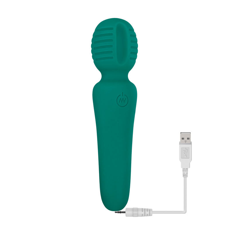 The Adam & Eve Petite Private Pleasure Wand is a green 14.8 cm wand with a textured round head, offering powerful vibrations. Its sleek ergonomic design has a small circular logo, and it features a detachable white USB charging cable with a 3.5mm jack for easy recharging.