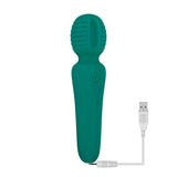 The Adam & Eve Petite Private Pleasure Wand, in teal-green, has a textured oval head and smooth handle with an embossed circular design. This 14.8 cm USB rechargeable massager wand offers powerful vibration and includes a white USB charging cable conveniently connected to the base.