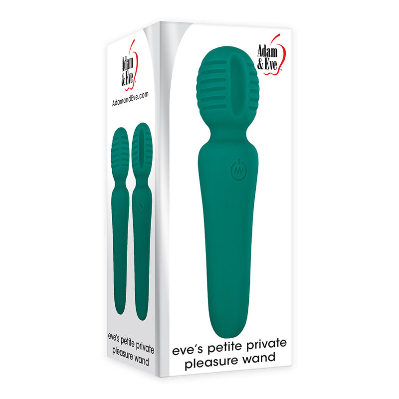 The packaging for the Adam & Eve Petite Private Pleasure Wand - Green highlights the mini USB rechargeable 14.8 cm massager with branding and web details. It features ribbed texture near the top, a smooth body, and provides strong vibrations for clitoral pleasure.