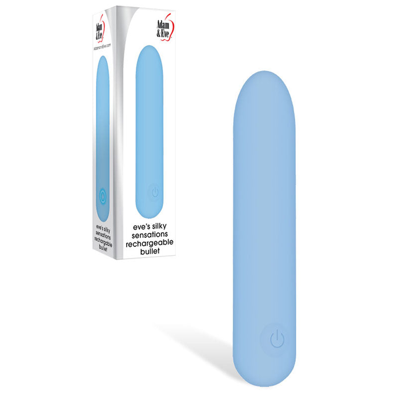 The Eves Silky Sensations Rechargeable Bullet is a light blue, cylindrical, waterproof vibrator that stands upright. Crafted from silicone with a smooth design and tapered end, it features a power button at the base. The packaging displays this device with its name clearly visible.