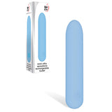 The Eves Silky Sensations Rechargeable Bullet is a light blue, cylindrical, waterproof vibrator that stands upright. Crafted from silicone with a smooth design and tapered end, it features a power button at the base. The packaging displays this device with its name clearly visible.