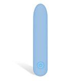 The Adam & Eve Eves Silky Sensations Rechargeable Bullet is a light blue, elongated 9.4 cm silicone vibe with rounded ends and a power button icon near the bottom. Its waterproof build casts a subtle shadow left on a white background, highlighting its smooth texture and simplicity.