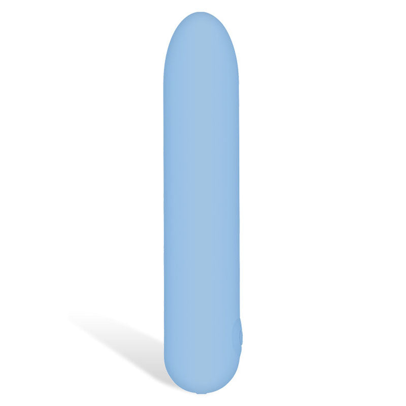 The Adam & Eve Eves Silky Sensations Rechargeable Bullet in sky-blue stands vertically on a white background. Its smooth, minimalist cylindrical silicone body casts a shadow leftward with light from the right, highlighting its sleek design without additional textures.