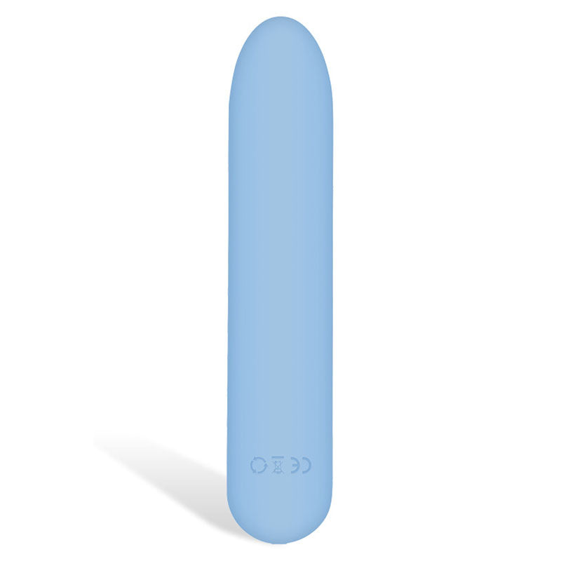 The Adam & Eve Eves Silky Sensations Rechargeable Bullet is a smooth, cylindrical object in pastel blue with rounded ends and a matte silicone finish. It stands upright with small symbols and letters printed along the bottom edge, highlighting its rechargeable bullet design.