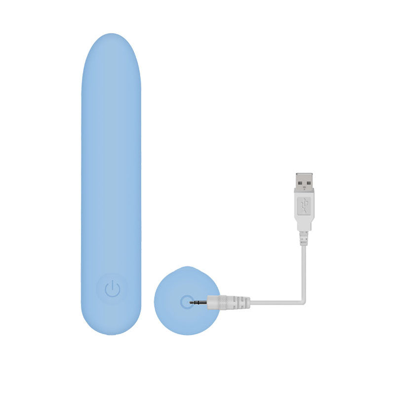 The Adam & Eve Eves Silky Sensations Rechargeable Bullet in blue is a silicone, cylindrical vibrator with a base power button and a USB-rechargeable design. It includes a USB charging cable with a visible connector not connected to any power source.