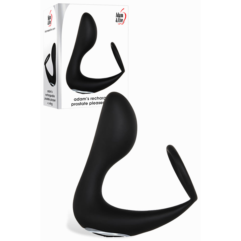 The Adam & Eve Adams Rechargeable Prostate Pleaser & C-Ring in black features a curved, ergonomic design for precise P-spot stimulation. It includes a matching packaging box with imagery and branding, and its sleek finish ensures targeted pleasure and satisfaction.