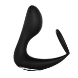 The Adam & Eve Adams Rechargeable Prostate Pleaser & C-Ring is a black, L-shaped silicone vibrator with a silver accent, featuring a curved design for targeted P-spot stimulation and flexible arm. Ideal for intimate use, it offers a smooth surface and comfort. USB rechargeable.