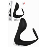 A black prostate vibrator with a curved design, labeled Adam & Eve Adams Rechargeable Prostate Pleaser & C-Ring, is next to its packaging. The sleek shape features a contoured tip for P-spot stimulation and an easy-grip handle, designed for USB charging and includes a cock ring.