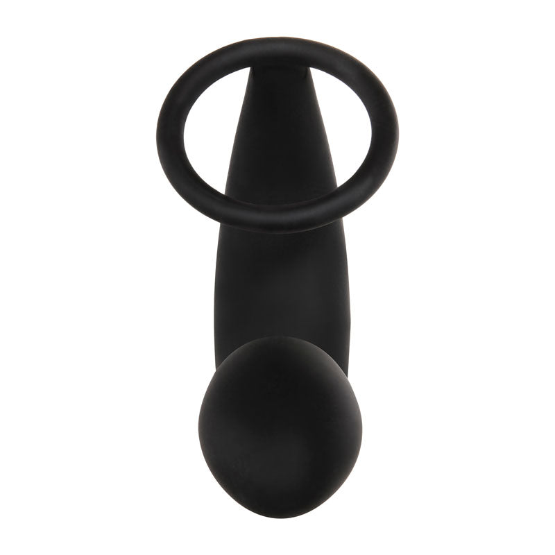 The Adam & Eve Adams Rechargeable Prostate Pleaser & C-Ring in black is a USB rechargeable anal plug with a cock ring, featuring a silicone circular ring and teardrop-shaped body that tapers to a broader base for P-spot stimulation on a white background.