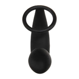 The black Adam & Eve Adams Rechargeable Prostate Pleaser & C-Ring features a silicone, teardrop-shaped anal plug for smooth P-spot stimulation and an attached loop handle. Its sleek, functional design emphasizes ergonomics.