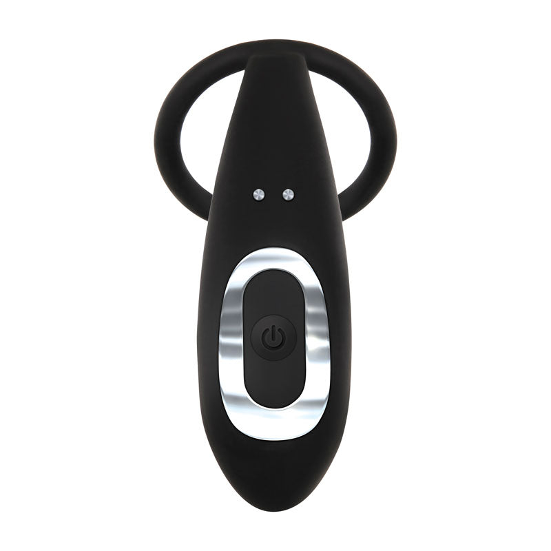 The Adam & Eve Adams Rechargeable Prostate Pleaser & C-Ring, a sleek black oval device with a power button and silver accent, has two indicator lights and a loop. This modern gadget, USB rechargeable, suggests innovative functionality for P-spot stimulation.