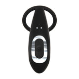 The Adam & Eve Adams Rechargeable Prostate Pleaser & C-Ring, a sleek black oval device with a power button and silver accent, has two indicator lights and a loop. This modern gadget, USB rechargeable, suggests innovative functionality for P-spot stimulation.