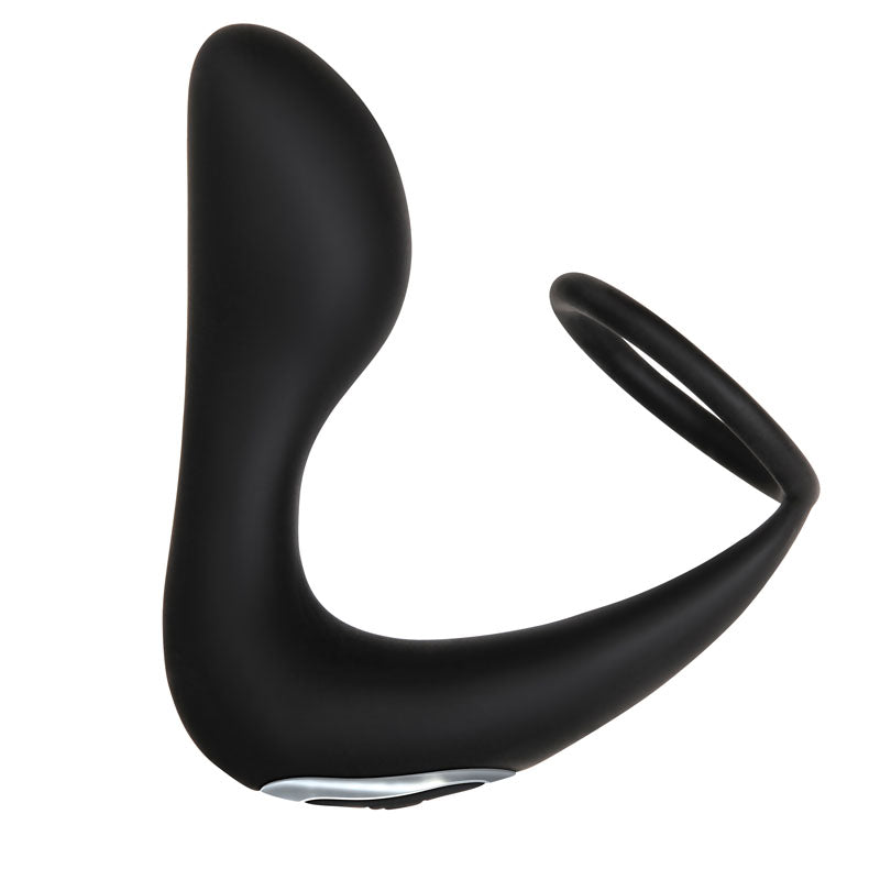 The Adam & Eve Adams Rechargeable Prostate Pleaser & C-Ring is a black silicone vibrator with an L-shaped design, featuring a curved main body, attached loop, and small control button at the base. Its modern and ergonomic for comfort and easy handling.