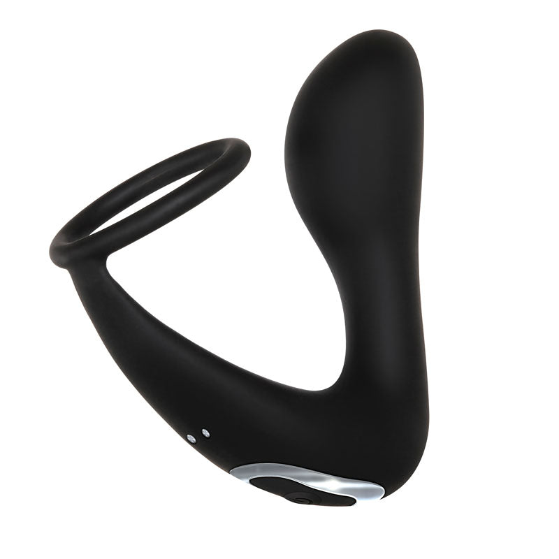 The Adam & Eve Adams Rechargeable Prostate Pleaser & C-Ring is a sleek black adult toy designed for P-spot pleasure, featuring a curved design with two overlapping penis rings and a rounded end. Crafted from smooth material, it includes a side silver accent and control button for user convenience.