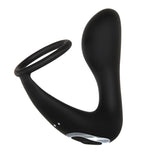 The Adam & Eve Adams Rechargeable Prostate Pleaser & C-Ring is shown against a white background. This black silicone device has a curved, bulbous insertable end for P-spot stimulation and a ring for the penis, with a small control button near the base to adjust vibration settings.