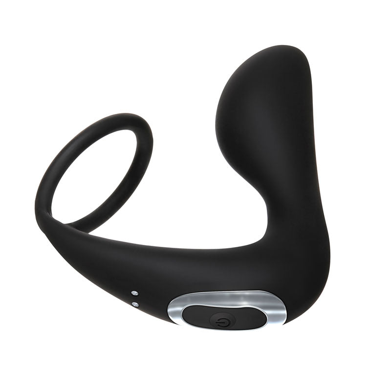 The Adam & Eve Adams Rechargeable Prostate Pleaser & C-Ring is a sleek black silicone L-shaped gadget with a circular penis ring on one end and a larger bulbous section on the other. It features a curved design, metallic accent, and two side buttons including a power button.