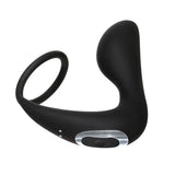 The Adam & Eve Adams Rechargeable Prostate Pleaser & C-Ring is a black silicone, L-shaped ergonomic device featuring a cock ring and a curved, bulbous tip for P-spot stimulation. Its sleek design includes a silver accent around the control button, highlighting its prostate vibrator function.