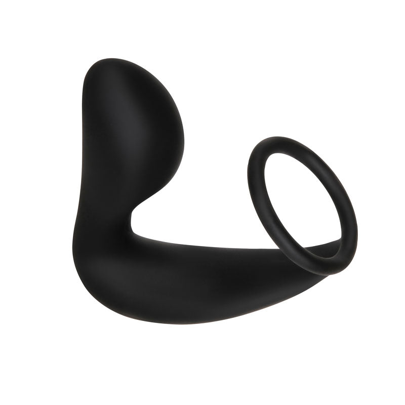 The Adam & Eve Adams Rechargeable Prostate Pleaser & C-Ring features a black silicone ergonomic curved design with a smooth texture, a bulbous end for P-spot stimulation, and includes a circular ring handle for ease of use. Its soft and flexible material ensures comfort and functionality.