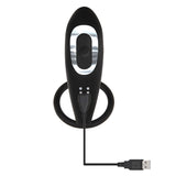 The Adam & Eve Adams Rechargeable Prostate Pleaser is a black USB rechargeable anal plug with a cock ring. It features a streamlined oval shape, metallic central button, and looped handle at the base. A USB charging cord connects to a port on the device.