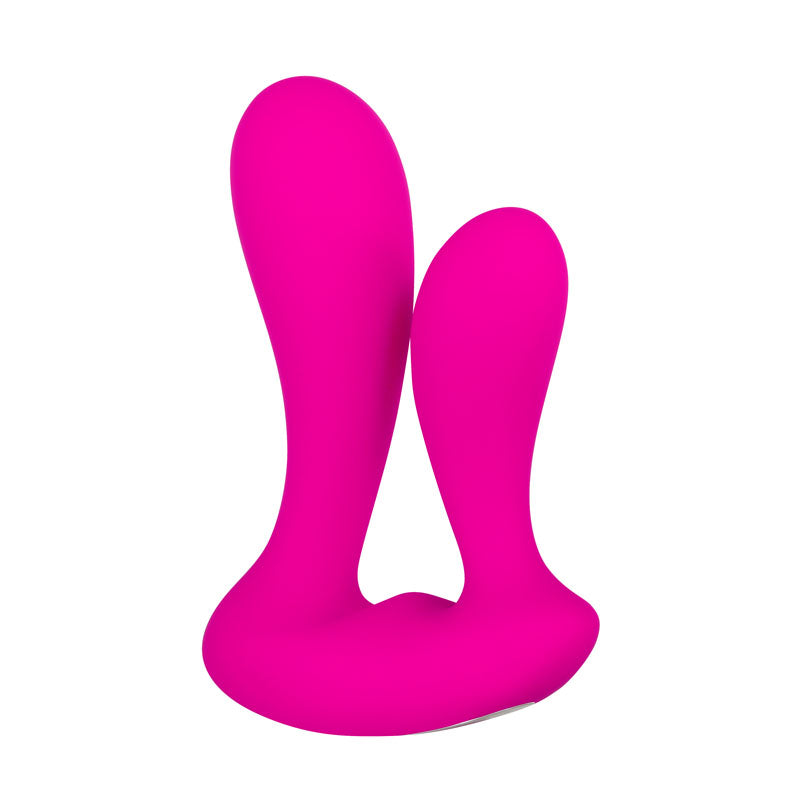 The Adam & Eve Rechargeable Dual Entry Vibe - Pink is a silicone toy with dual curved arms of different lengths for ergonomic use. The narrower, shorter arm is ideal for double penetration, and they connect at the wide base for stability. USB rechargeable and remote controlled.