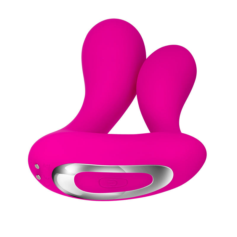 The image displays the sleek Adam & Eve Rechargeable Dual Entry Vibe, a bright pink USB rechargeable dual-motor vibrator. Designed for dual entry pleasure, it features two curved arms of varying sizes, a silver accent with side power button, and metallic charging ports.