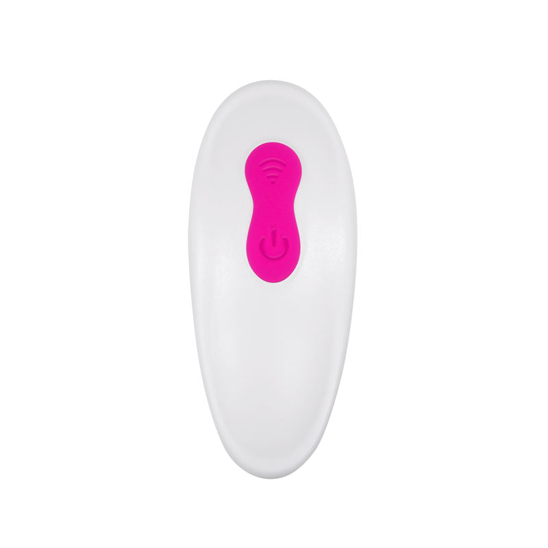 The Adam & Eve Rechargeable Dual Entry Vibe has a sleek, white oval remote with a central pink button, Wi-Fi symbol, and power icon, indicating wireless operation. It seamlessly pairs with the dual entry vibrator for an enhanced experience.