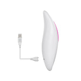 A white, curved Adam & Eve Rechargeable Dual Entry Vibe in pink is shown with a short USB charging cable featuring a USB-A connector. A pink edge hints at hidden features in this remote-controlled vibrator.