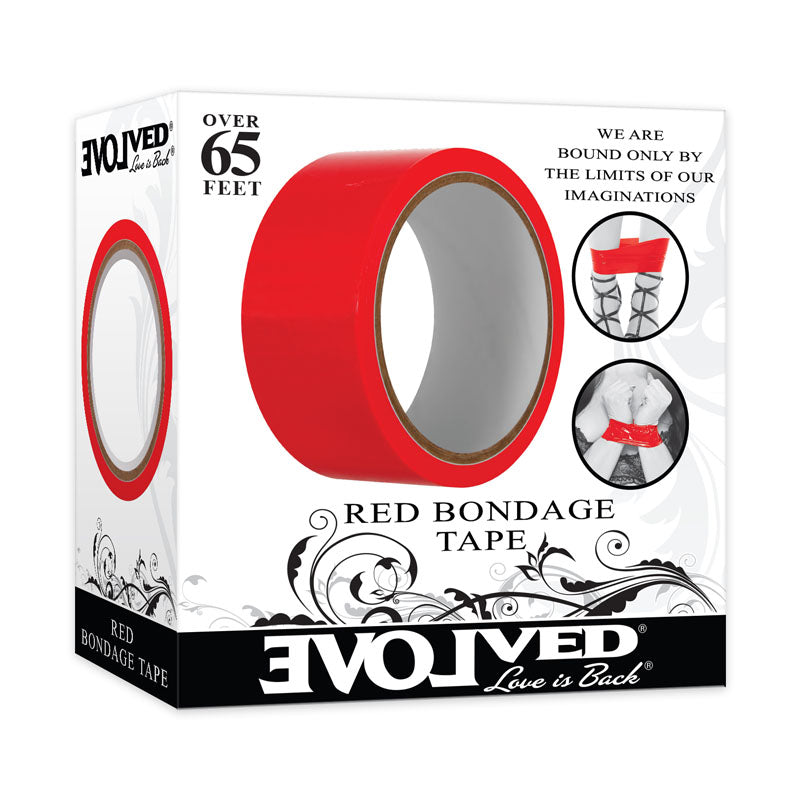 The image shows a box of Evolved Red Bondage Tape made from self-adhesive PVC vinyl. The front displays the red tape partially unrolled, featuring 20 metre length and We are bound only by the limits of our imaginations, plus decorative swirls and the slogan Love is Back.