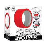 The image shows a box of Evolved Red Bondage Tape made from self-adhesive PVC vinyl. The front displays the red tape partially unrolled, featuring 20 metre length and We are bound only by the limits of our imaginations, plus decorative swirls and the slogan Love is Back.