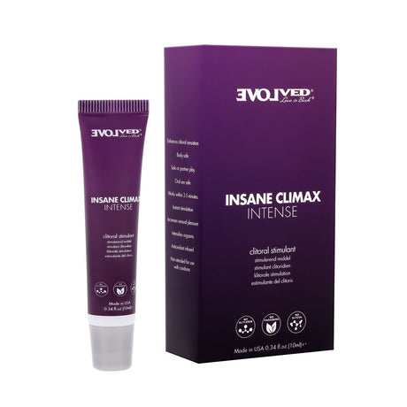 The Evolved INSANE CLIMAX Intense Clitoral Stimulation Gel comes in a sleek purple tube containing 10 ml (0.34 fl oz) of oil-based topical, set against a stylish box with white text product details highlighting its modern design for intimate pleasure.